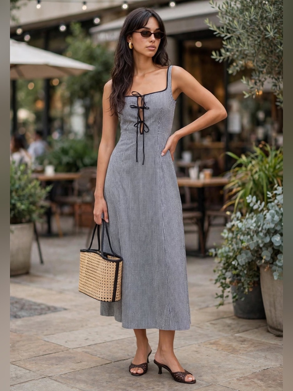 o.p.t Babette Dress Gingham Tie-Front Midi Dress - Black & White Sz 4